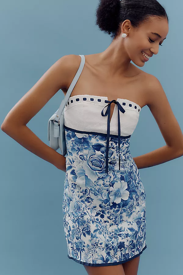 Anthropologie Maeve Strapless Tie-Front Mini Dress Blue Pattern