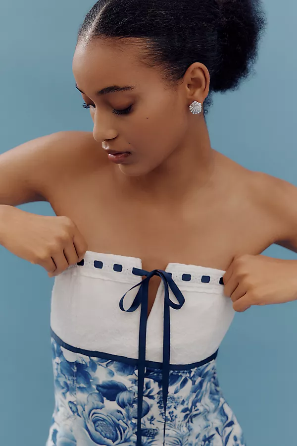 Anthropologie Maeve Strapless Tie-Front Mini Dress Blue Pattern