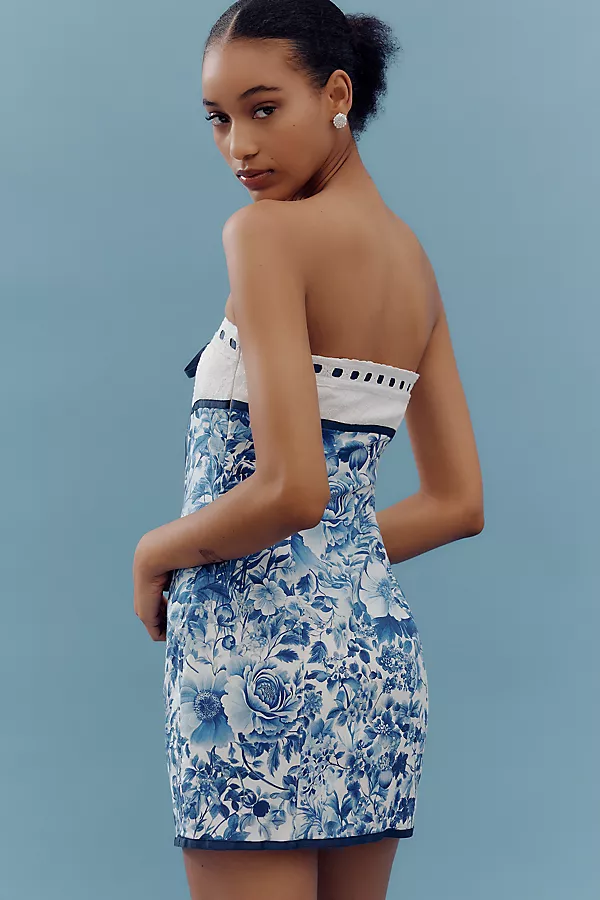 Anthropologie Maeve Strapless Tie-Front Mini Dress Blue Pattern