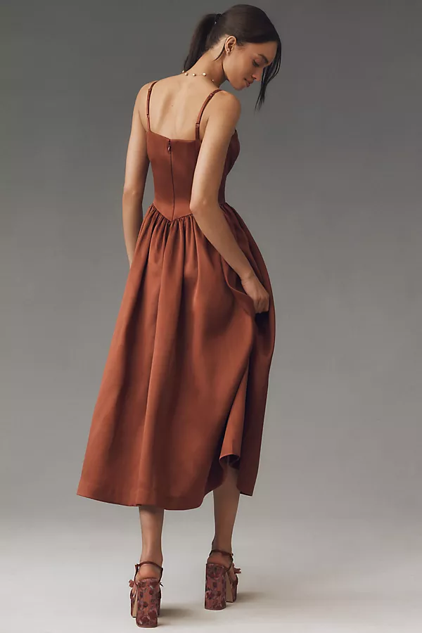 Anthropologie Mare Mare Amaya Corset Fit-and-Flare Midi Dress CHOCOLATE