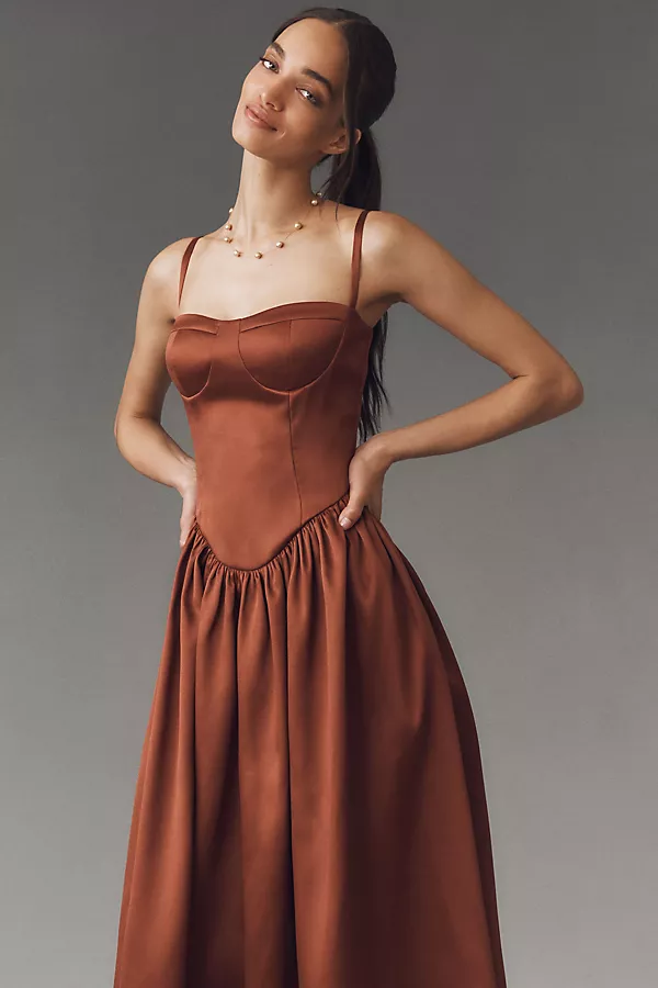 Anthropologie Mare Mare Amaya Corset Fit-and-Flare Midi Dress CHOCOLATE