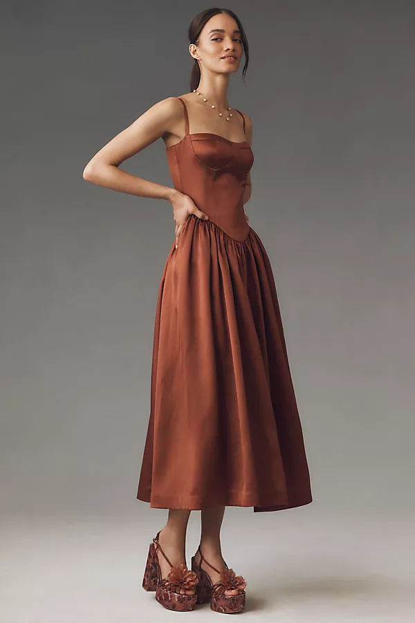 anthropologie Mare Mare Amaya Corset Fit-and-Flare Midi Dress CHOCOLATE