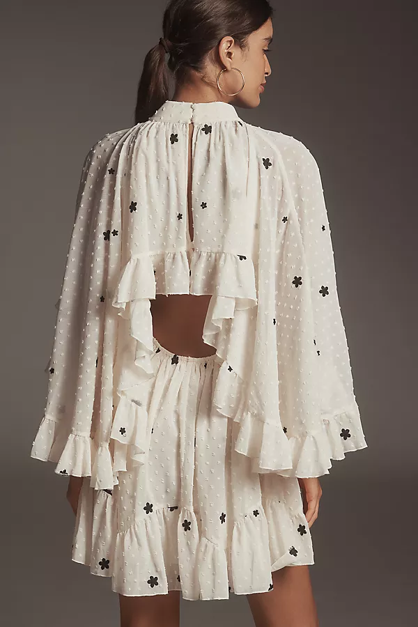 Anthropologie Mare Mare Embroidered Chiffon Cape Swing Mini Dress Neutral Pattern