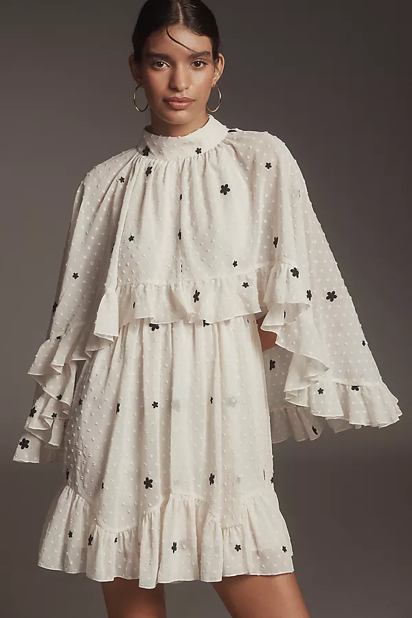 Anthropologie Mare Mare Embroidered Chiffon Cape Swing Mini Dress Neutral Pattern