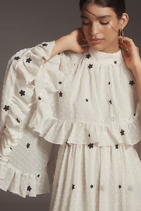 Anthropologie Mare Mare Embroidered Chiffon Cape Swing Mini Dress Neutral Pattern