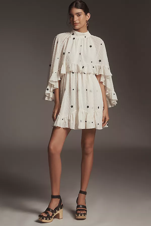 anthropologie Mare Mare Embroidered Chiffon Cape Swing Mini Dress Neutral Pattern