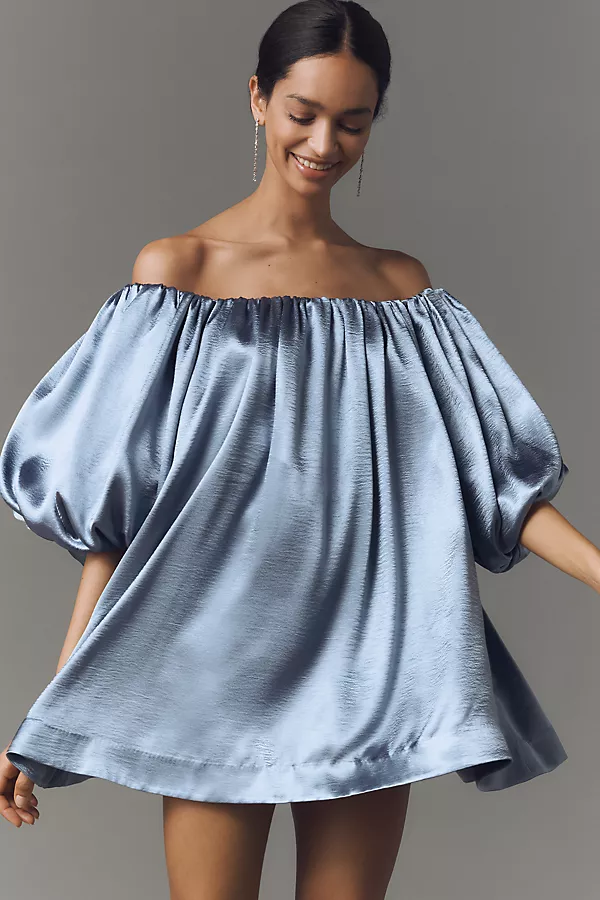 Anthropologie Mare Mare Off-The-Shoulder Puff-Sleeve Shine Mini Dress Blue