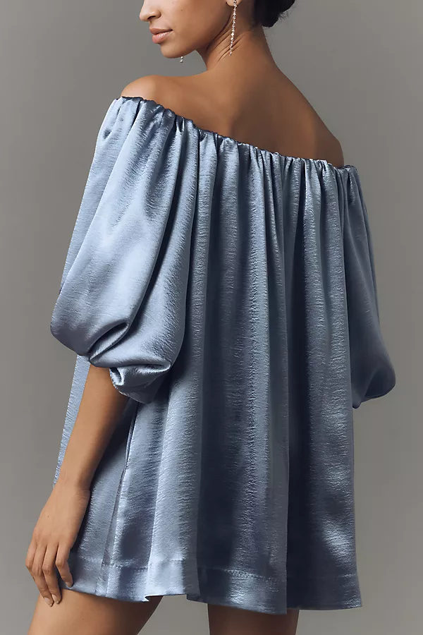 Anthropologie Mare Mare Off-The-Shoulder Puff-Sleeve Shine Mini Dress Blue