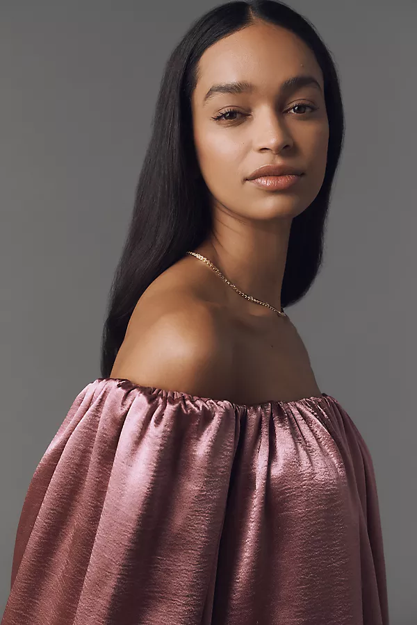 Anthropologie Mare Mare Off-The-Shoulder Puff-Sleeve Shine Mini Dress Pink