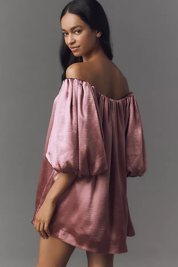Anthropologie Mare Mare Off-The-Shoulder Puff-Sleeve Shine Mini Dress Pink