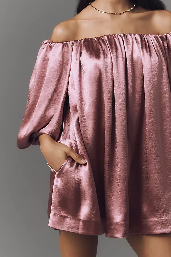 Anthropologie Mare Mare Off-The-Shoulder Puff-Sleeve Shine Mini Dress Pink