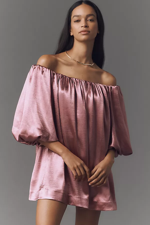 anthropologie Mare Mare Off-The-Shoulder Puff-Sleeve Shine Mini Dress Pink