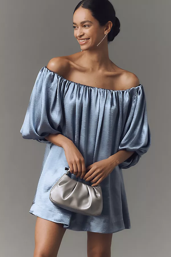 anthropologie Mare Mare Off-The-Shoulder Puff-Sleeve Shine Mini Dress Blue