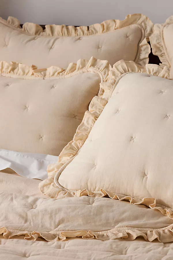 Anthropologie Naomi Cotton Linen Blend Ruffle Quilt Neutral