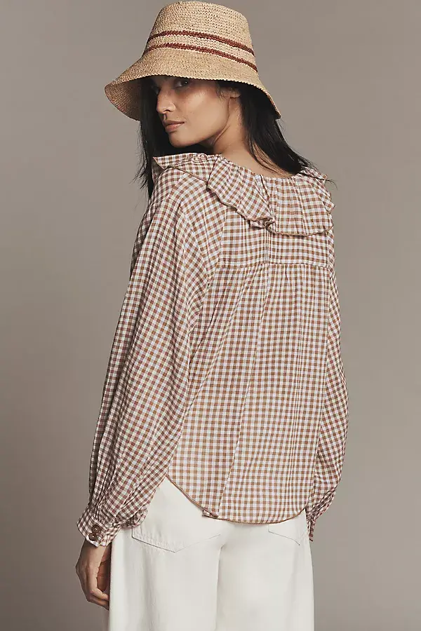 anthropologie Pilcro 3/4 Sleeve Ruffle Collar Buttondown Shirt White And Brown Gingham