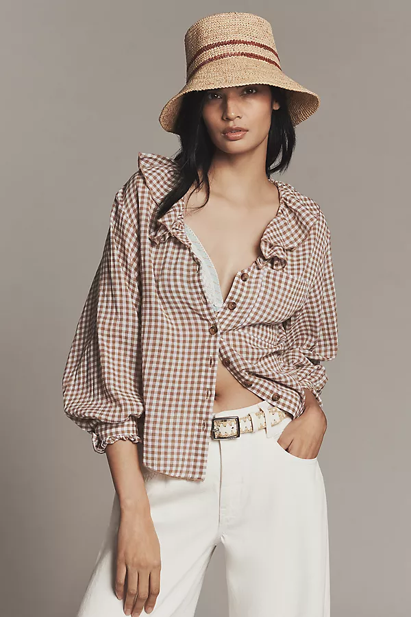 anthropologie Pilcro 3/4 Sleeve Ruffle Collar Buttondown Shirt White And Brown Gingham