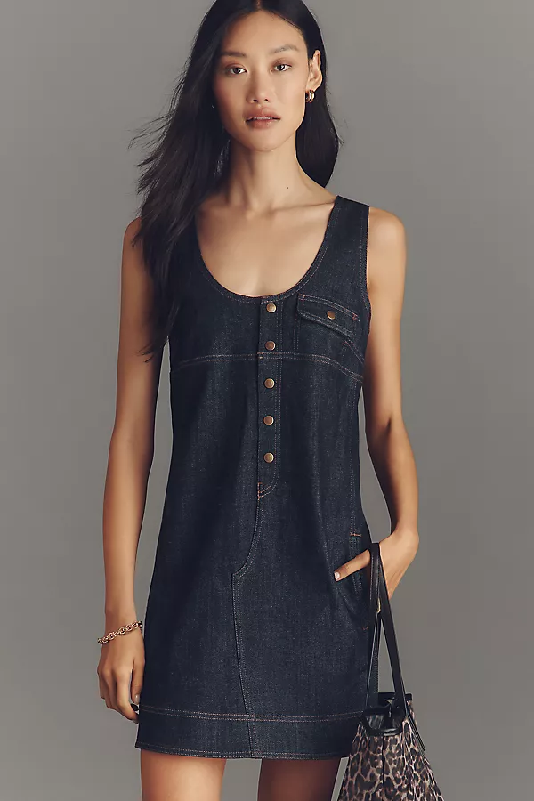 anthropologie Pilcro Denim Snap-Front Mini Dress Denim Dark