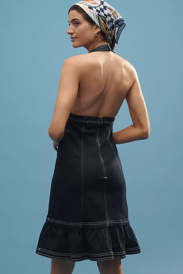 Anthropologie Pilcro Halter Deep-V Seamed Open-Back Mini Dress Charlotte Wash