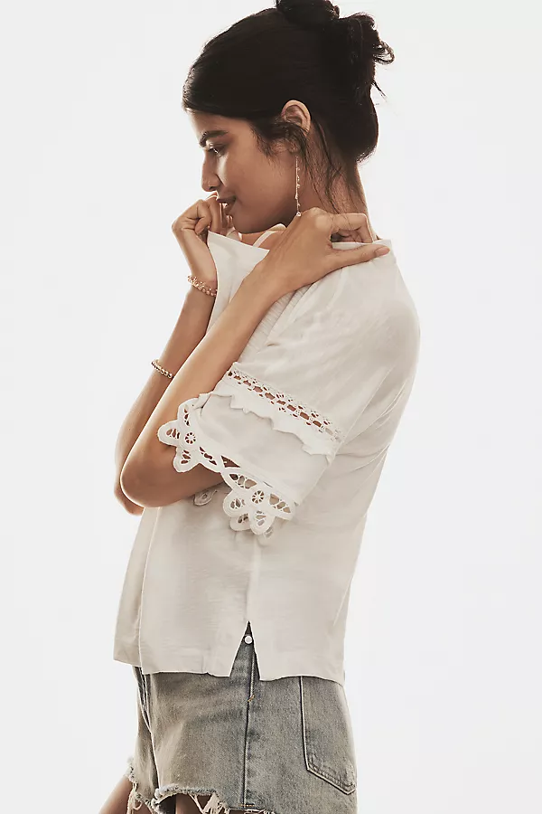 Anthropologie Pilcro Heritage Lace-Trim Tee Chalk White