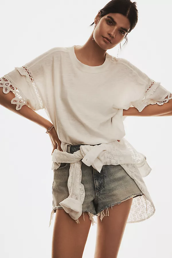 anthropologie Pilcro Heritage Lace-Trim Tee Chalk White