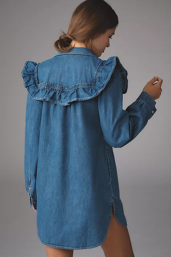 Anthropologie Pilcro Long-Sleeve Ruffled Denim Mini Shirt Dress Denim Light