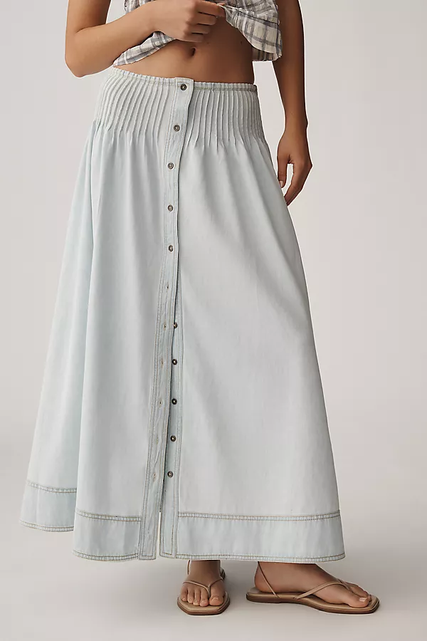 Anthropologie Pilcro Pintuck Basque-Waist Denim Maxi Skirt Kit Wash