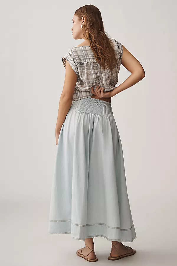 Anthropologie Pilcro Pintuck Basque-Waist Denim Maxi Skirt Kit Wash