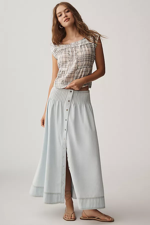 anthropologie Pilcro Pintuck Basque-Waist Denim Maxi Skirt Kit Wash