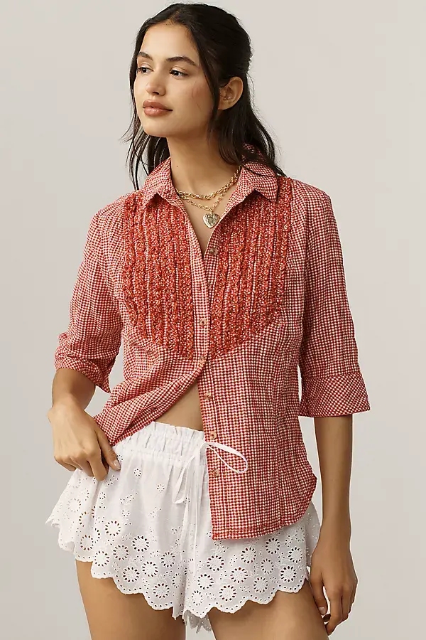 anthropologie Pilcro Pintuck Half-Sleeve Buttondown Shirt Red White Gingham