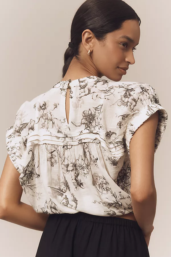 Anthropologie Pilcro Puff-Sleeve Cotton Crop Top Ivory Pattern