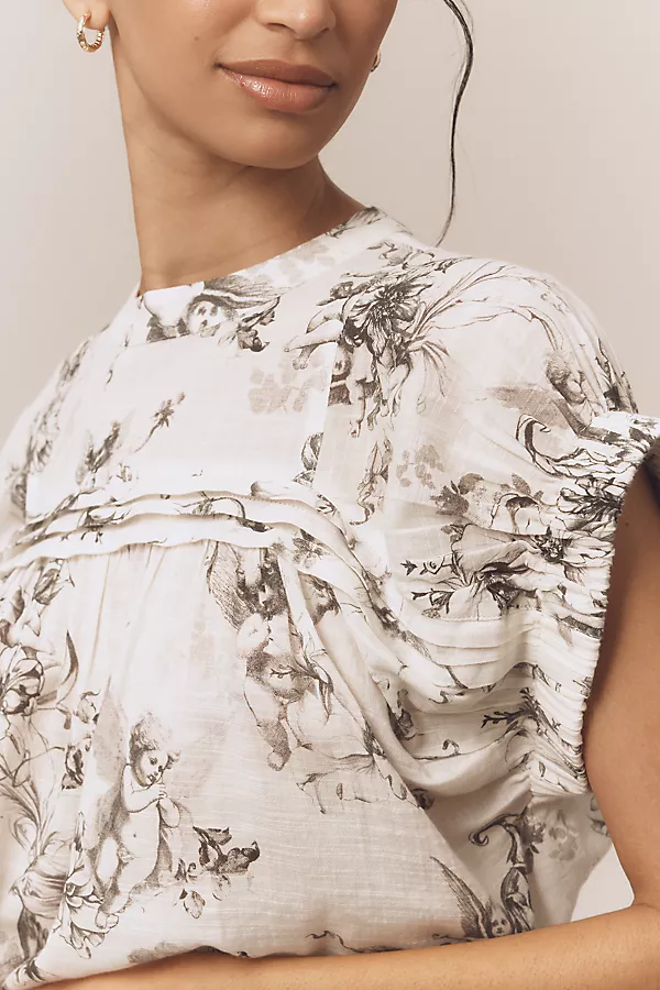 Anthropologie Pilcro Puff-Sleeve Cotton Crop Top Ivory Pattern