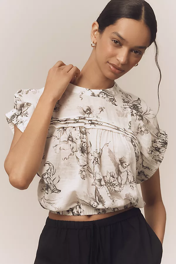 anthropologie Pilcro Puff-Sleeve Cotton Crop Top Ivory Pattern