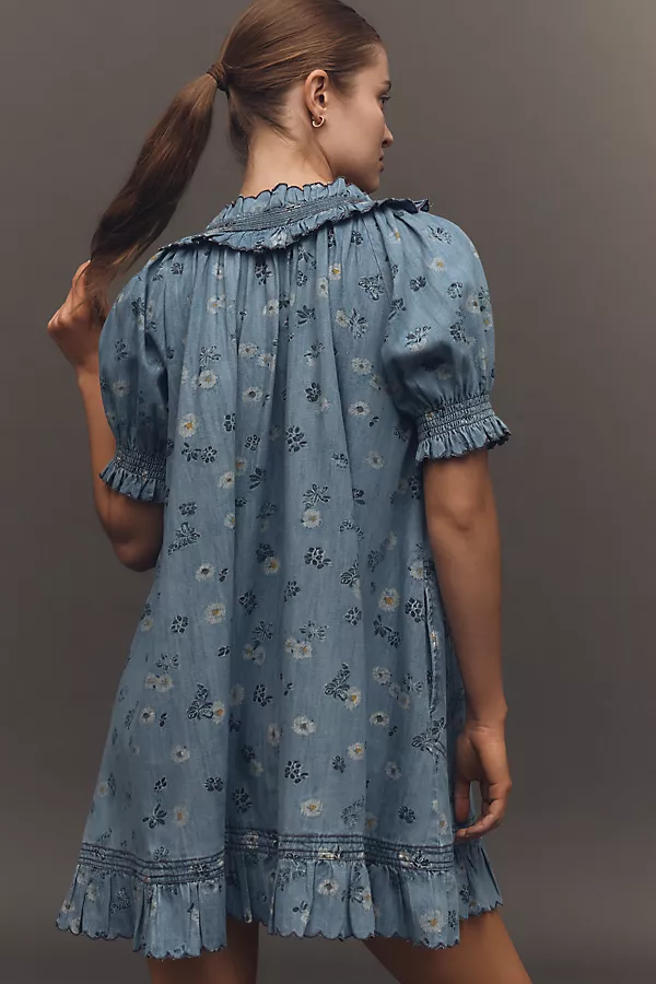 Anthropologie Pilcro Puff-Sleeve Ruffled V-Neck Swing Mini Dress Daisy Chain Wash
