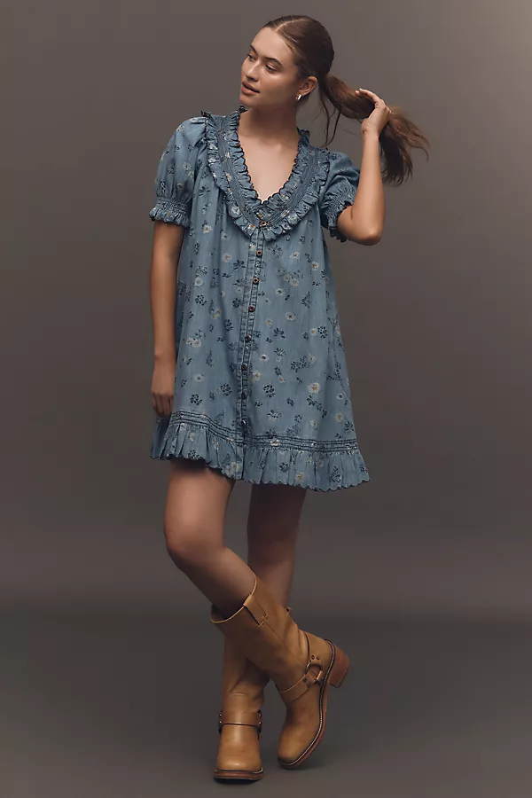 Anthropologie Pilcro Puff-Sleeve Ruffled V-Neck Swing Mini Dress Daisy Chain Wash