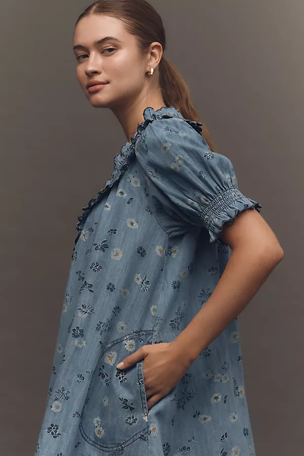 Anthropologie Pilcro Puff-Sleeve Ruffled V-Neck Swing Mini Dress Daisy Chain Wash