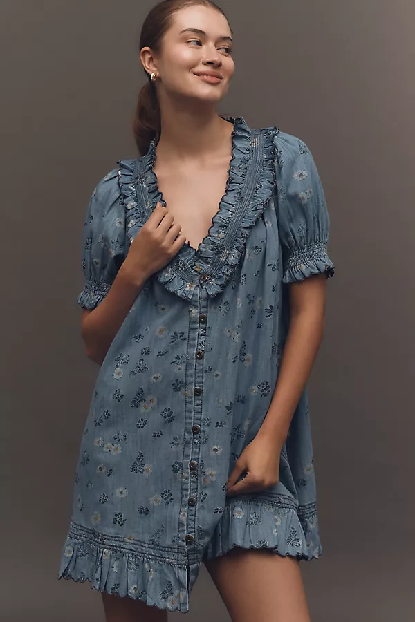 anthropologie Pilcro Puff-Sleeve Ruffled V-Neck Swing Mini Dress Daisy Chain Wash