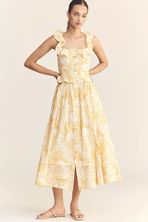 Anthropologie Pilcro Ruffled Smocked-Waist Button-Front Midi Dress Yellow Pattern