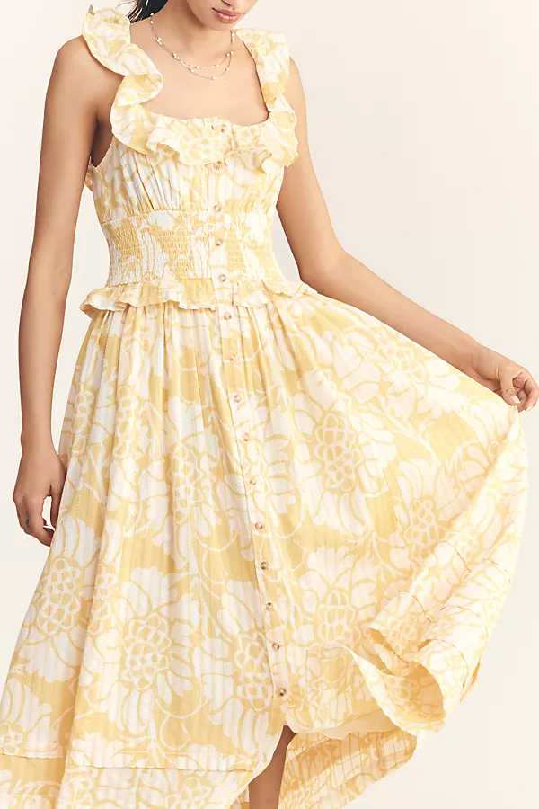 Anthropologie Pilcro Ruffled Smocked-Waist Button-Front Midi Dress Yellow Pattern