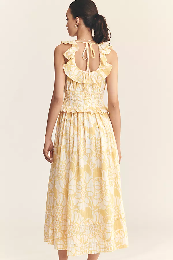 Anthropologie Pilcro Ruffled Smocked-Waist Button-Front Midi Dress Yellow Pattern