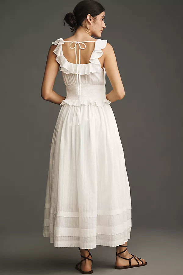 Anthropologie Pilcro Ruffled Smocked-Waist Button-Front Midi Dress White