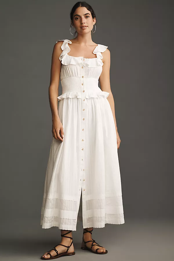 Anthropologie Pilcro Ruffled Smocked-Waist Button-Front Midi Dress White