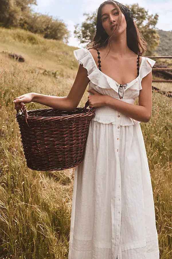 anthropologie Pilcro Ruffled Smocked-Waist Button-Front Midi Dress White
