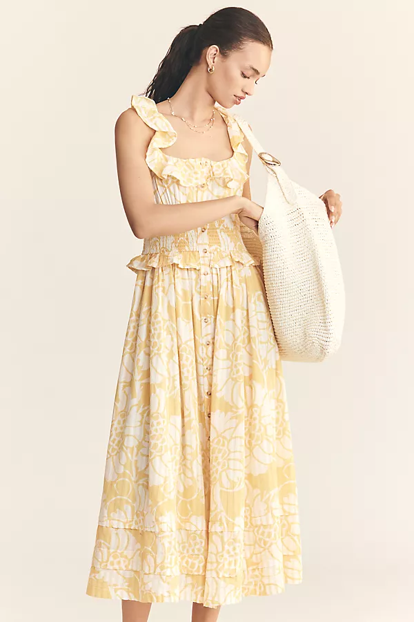 anthropologie Pilcro Ruffled Smocked-Waist Button-Front Midi Dress Yellow Pattern