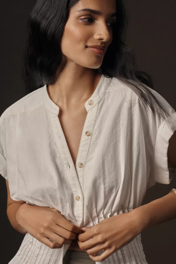 Anthropologie Pilcro Short-Sleeve Pleated Corset Blouse Bright White