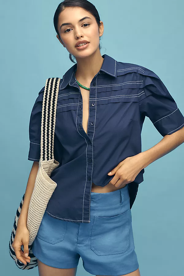 anthropologie Pilcro Short-Sleeve Reworked Buttondown Shirt Navy Storm