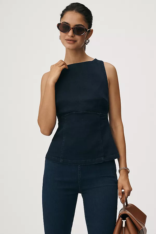 Anthropologie Pilcro Sleeveless Open-Back Denim Peplum Top Kit Wash