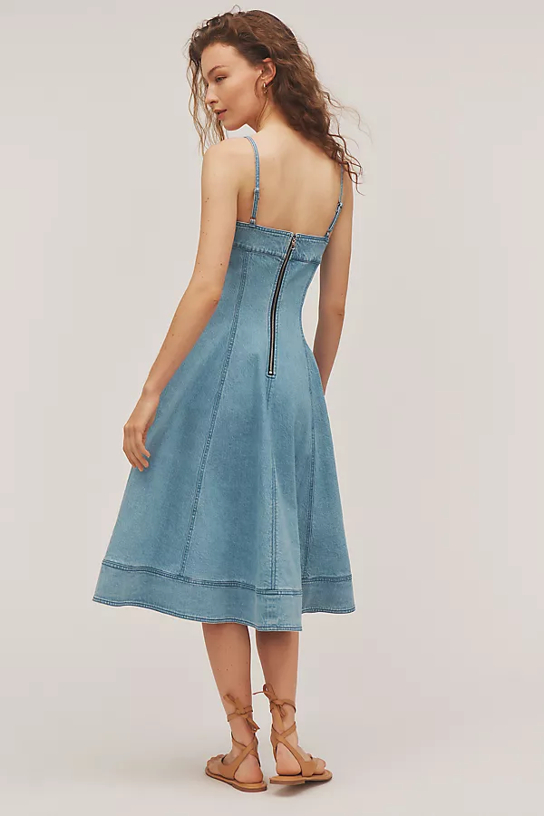 Anthropologie Pilcro Square-Neck Seamed Chambray Midi Dress Izabel Wash