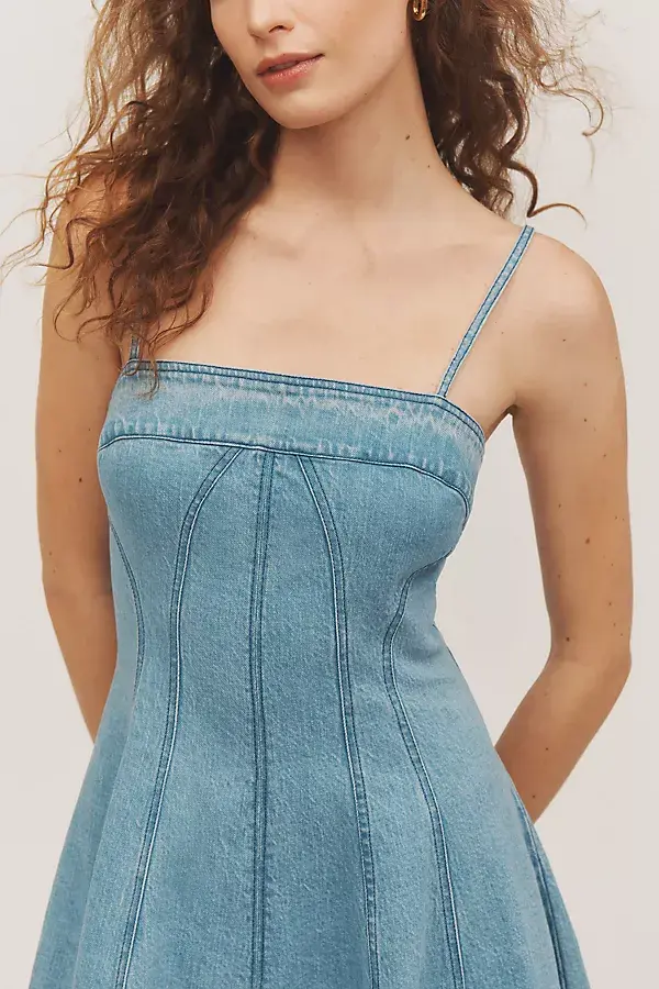 Anthropologie Pilcro Square-Neck Seamed Chambray Midi Dress Izabel Wash
