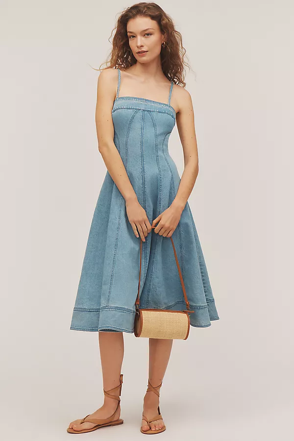 anthropologie Pilcro Square-Neck Seamed Chambray Midi Dress Izabel Wash