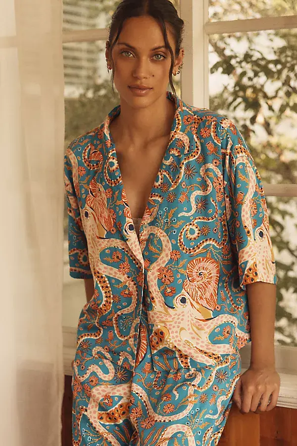 Anthropologie Printfresh Octopus Isle Short-Sleeve Pajama Set Octopus Isle - Teal